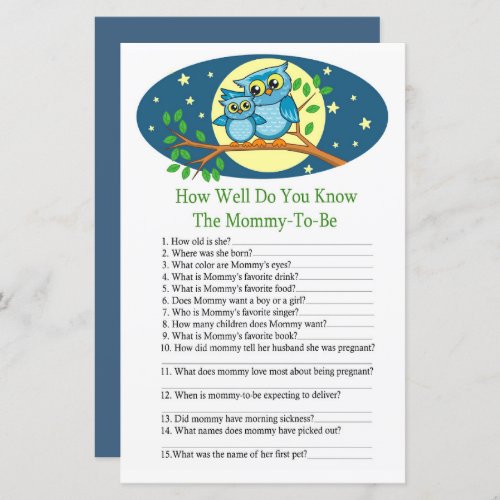 Blue Owl How well do you know baby shower game