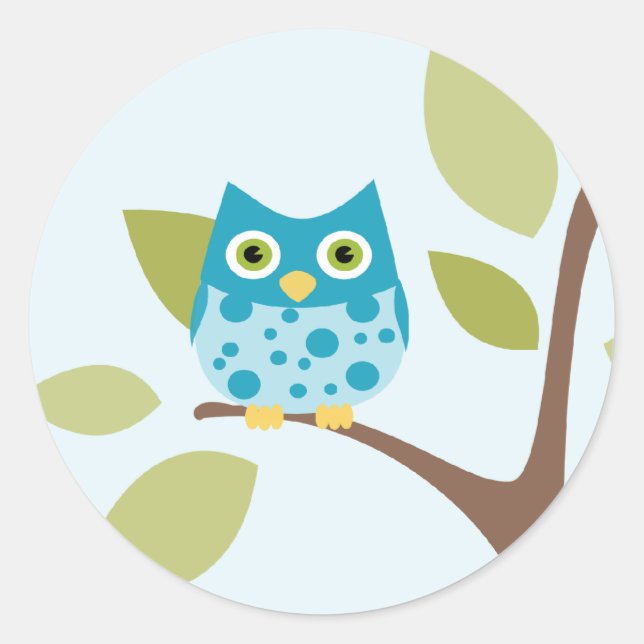 Blue Owl in a Tree Classic Round Sticker (Front)