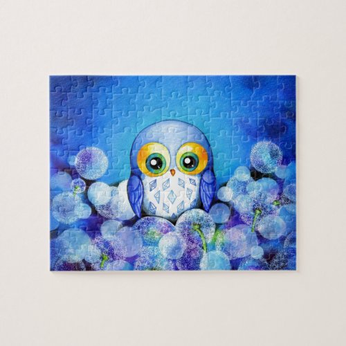 Blue Owl in Dandelion Field Jigsaw Puzzle