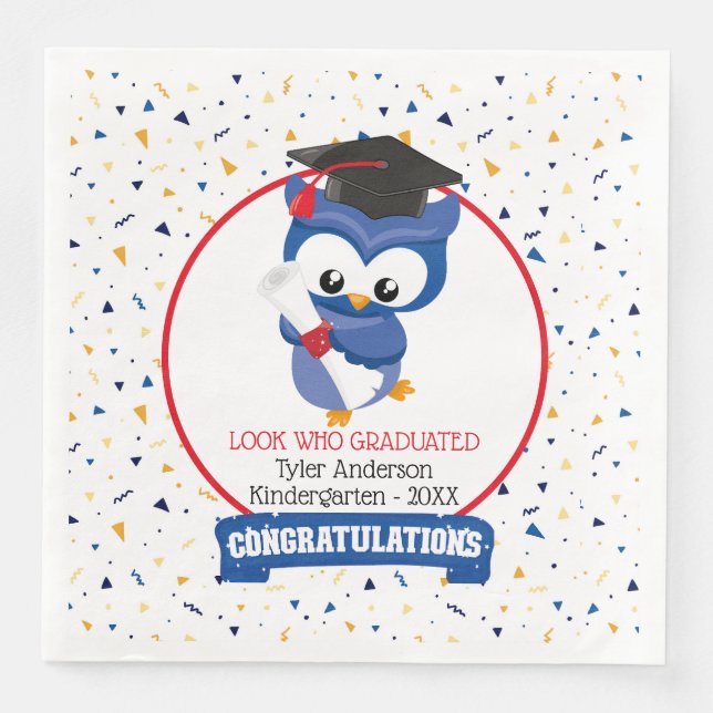 Blue Owl Kindergarten Graduation Napkin (Front)