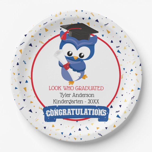 Blue Owl Kindergarten Graduation Paper Plates (Front)