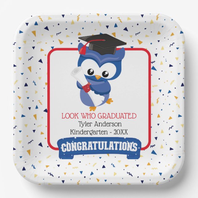 Blue Owl Kindergarten Graduation  Paper Plates (Front)