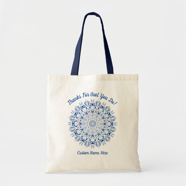 Blue owl mandala teacher appreciation thank you tote bag (Front)