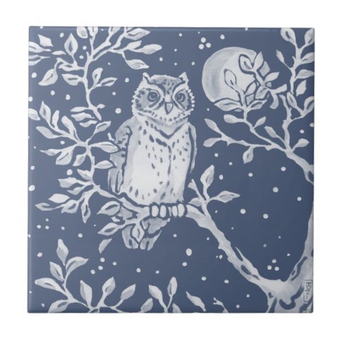 Blue Owl Moon Night Woodland Forest Animal Ornate Ceramic Tile