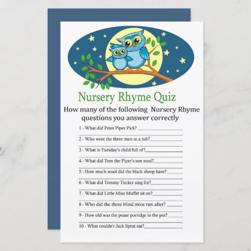 Blue Owl Nursery Rhyme Quiz baby shower game