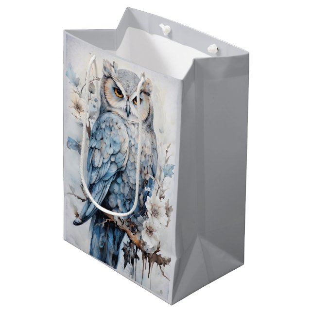 Blue Owl On A Branch Christmas Medium Gift Bag (Front Angled)