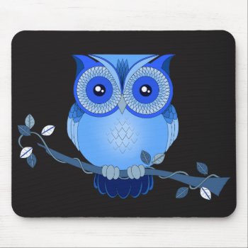 Blue Owl On Black Mousepad by EmptyCanvas at Zazzle