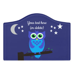 Blue owl on blue Door sign