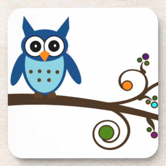 Blue Owl on Colorful Branch Coaster (Front)