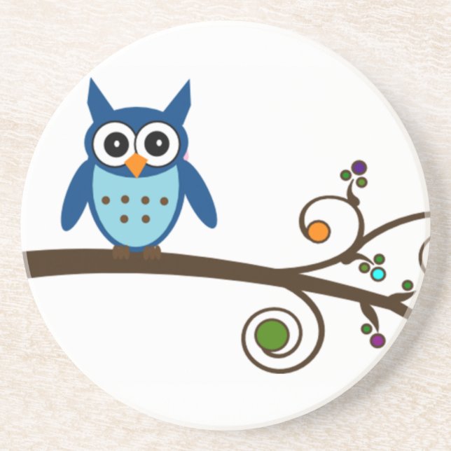 Blue Owl on Colorful Branch Drink Coaster (Front)