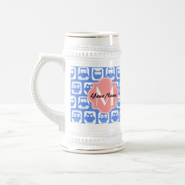 Blue Owl Pattern Coral Monogram Personalized Name Beer Stein (Left)