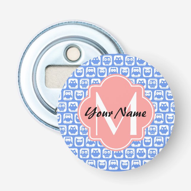 Blue Owl Pattern Coral Monogram Personalized Name Bottle Opener (Front)