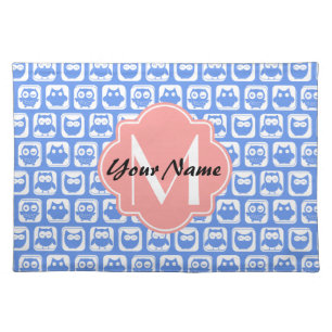 Blue Owl Pattern Coral Monogram Personalized Name Cloth Placemat