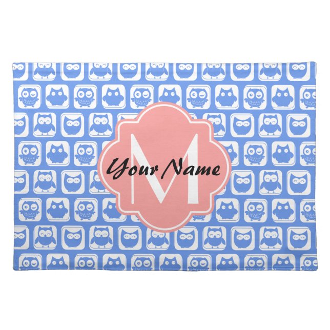 Blue Owl Pattern Coral Monogram Personalized Name Cloth Placemat (Front)