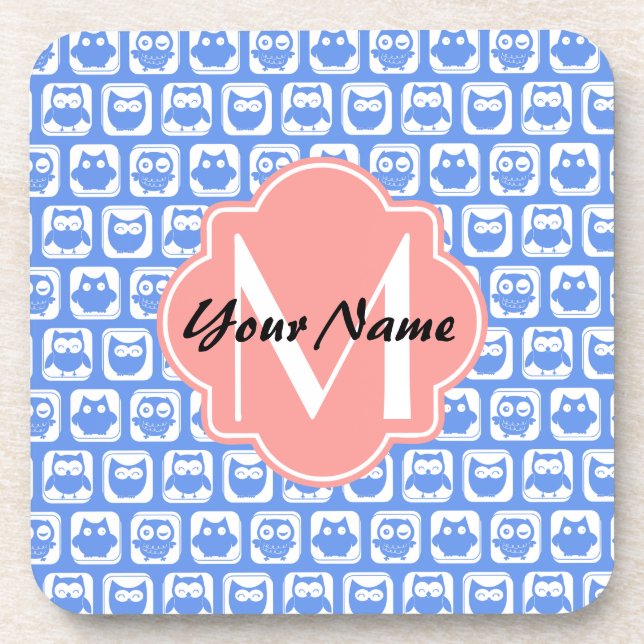 Blue Owl Pattern Coral Monogram Personalized Name Drink Coaster (Front)