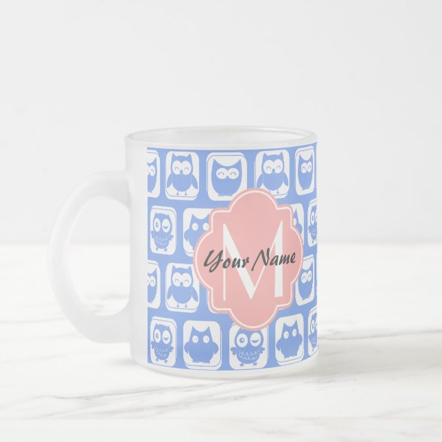 Blue Owl Pattern Coral Monogram Personalized Name Frosted Glass Coffee Mug (Left)