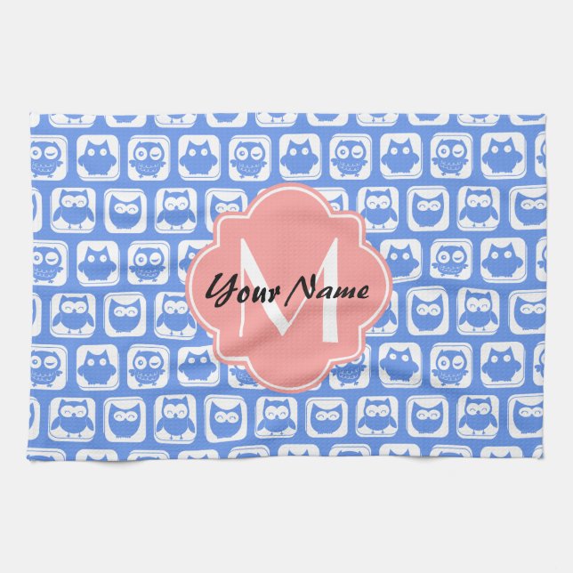 Blue Owl Pattern Coral Monogram Personalized Name Kitchen Towel (Horizontal)