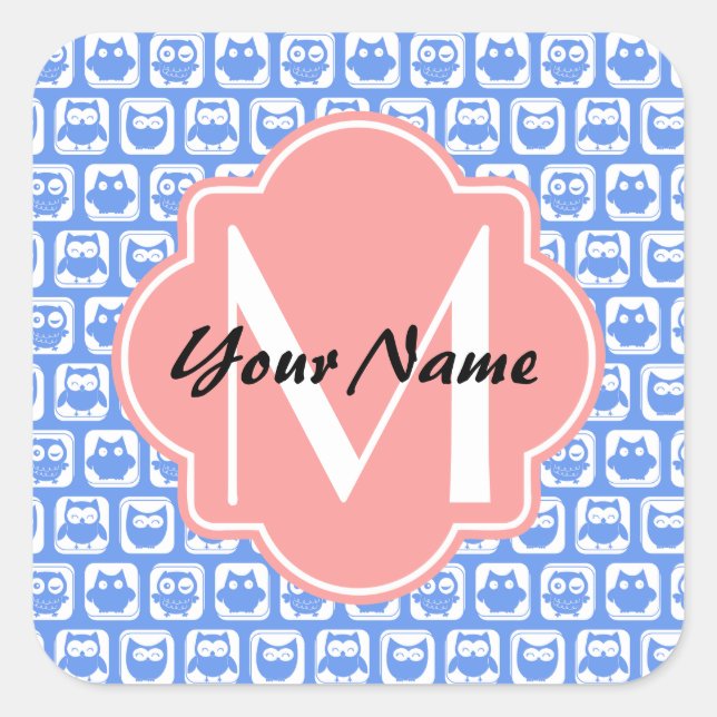 Blue Owl Pattern Coral Monogram Personalized Name Square Sticker (Front)