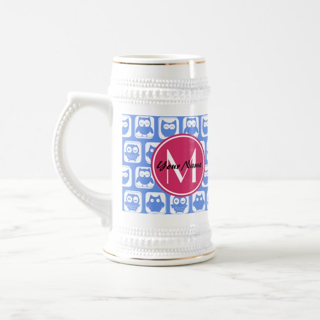 Blue Owl Pattern Pink Custom Monogram Personalized Beer Stein (Left)