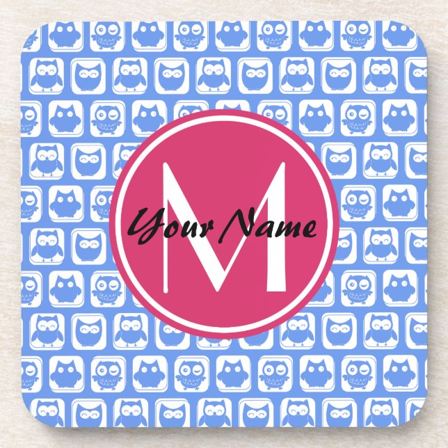Blue Owl Pattern Pink Custom Monogram Personalized Beverage Coaster (Front)
