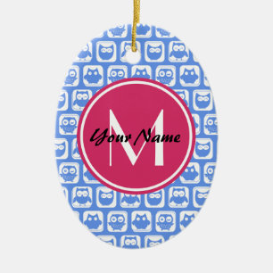 Blue Owl Pattern Pink Custom Monogram Personalized Ceramic Ornament