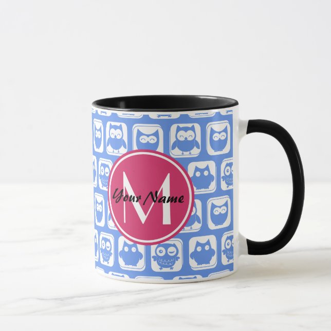 Blue Owl Pattern Pink Custom Monogram Personalized Mug (Right)