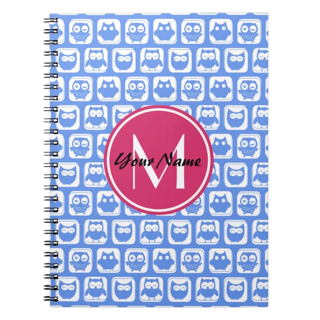 Blue Owl Pattern Pink Custom Monogram Personalized Notebook (Front)