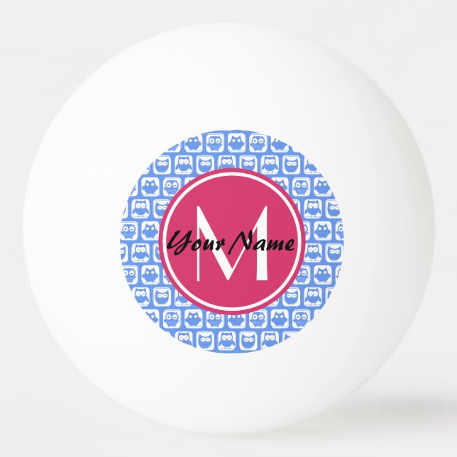 Blue Owl Pattern Pink Custom Monogram Personalized Ping-Pong Ball (Front)