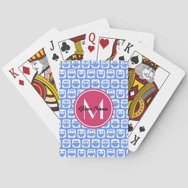 Blue Owl Pattern Pink Custom Monogram Personalized Poker Cards (Back)