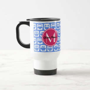 Blue Owl Pattern Pink Custom Monogram Personalized Travel Mug