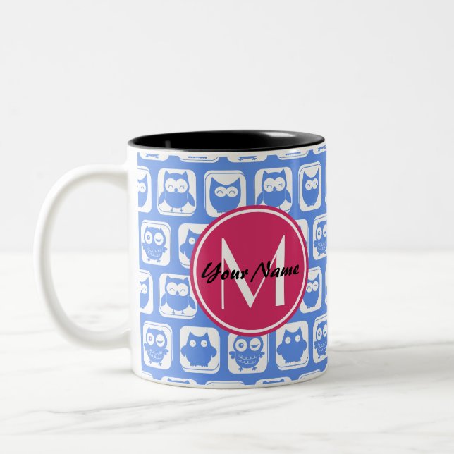 Blue Owl Pattern Pink Custom Monogram Personalized Two-Tone Coffee Mug (Left)
