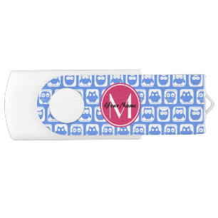 Blue Owl Pattern Pink Custom Monogram Personalized USB Flash Drive