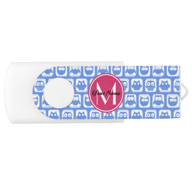 Blue Owl Pattern Pink Custom Monogram Personalized USB Flash Drive (Front)