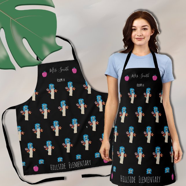 Blue owl pattern teacher school black apron  (Creator Uploaded)