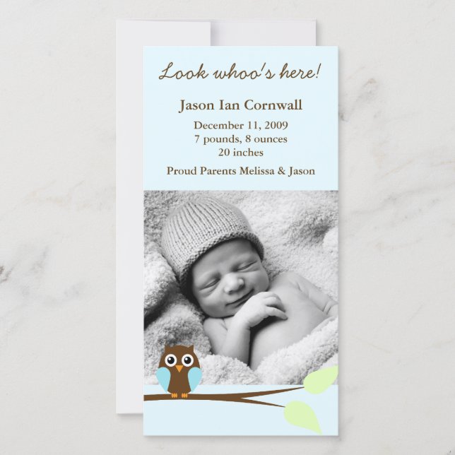 Blue Owl Photo Birth Announcements (Front)
