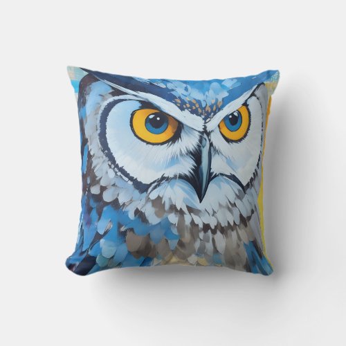 Blue Owl Portrait Paintings Throw Pillow