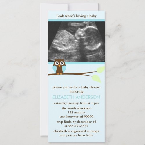 Blue Owl Sonogram Baby Shower Invitations