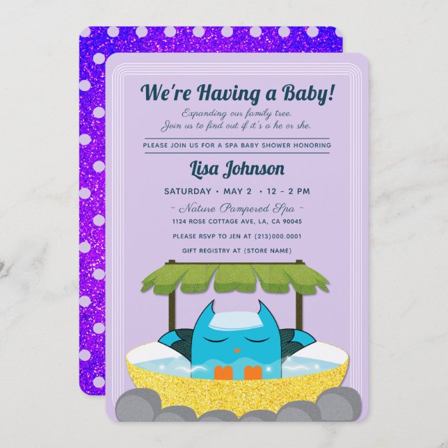 Blue Owl Spa Purple Glitter Polka Dots Baby Shower Invitation (Front/Back)