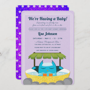 Blue Owl Spa Purple Glitter Polka Dots Baby Shower Invitation