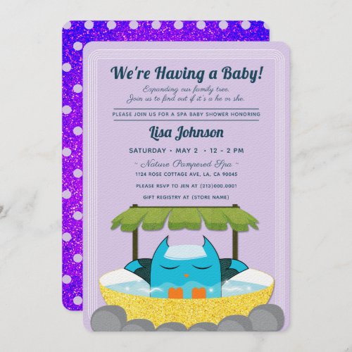 Blue Owl Spa Purple Glitter Polka Dots Baby Shower Invitation