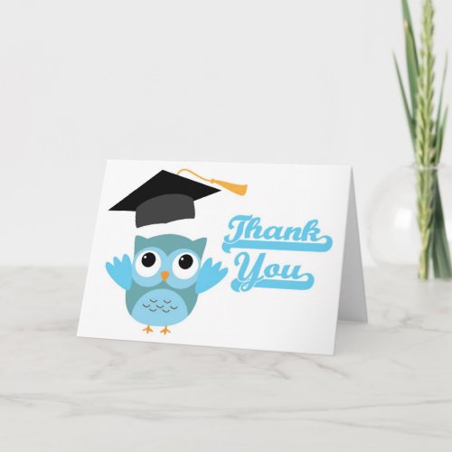 Blue Owl Throwing Graduation Cap Thank You Card