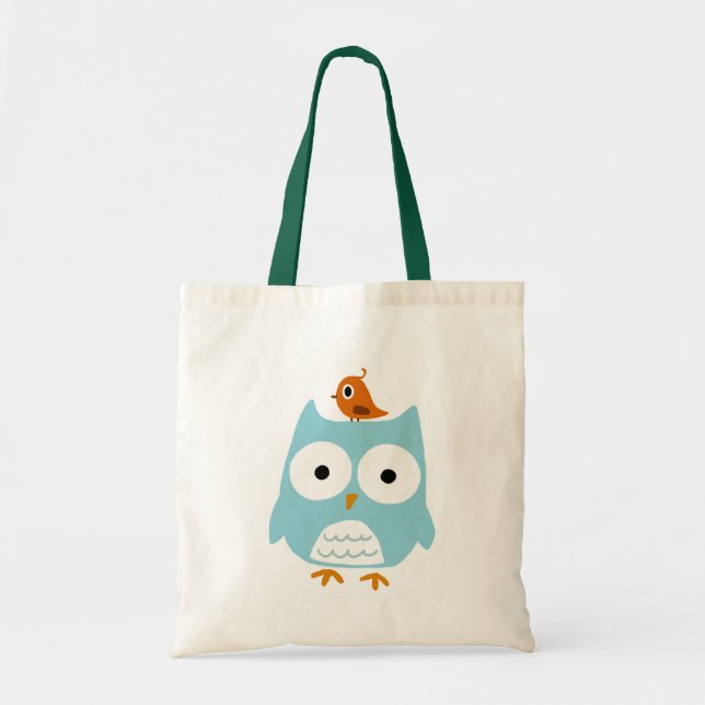 Blue Owl with Little Orange Bird | Quirky Cute Tote Bag (Front)