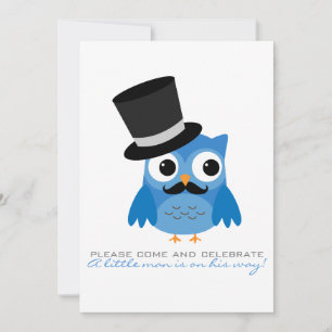 Blue Owl with Mustache Baby Shower Invitation