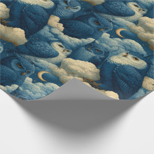 Blue Owls and Starry Night Clouds Nursery Birthday Wrapping Paper