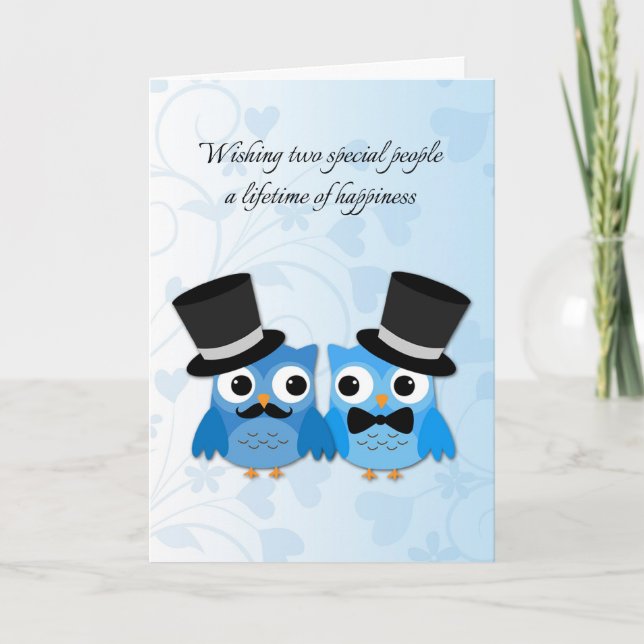 Blue Owls, Gay Men Wedding Congratulations Card (Front)