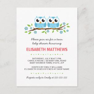 Blue owls on floral branch twin boys baby shower invitation