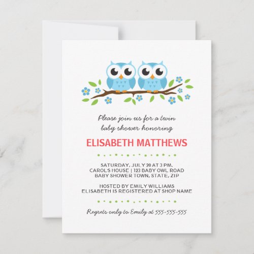 Blue owls on floral branch twin boys baby shower invitation