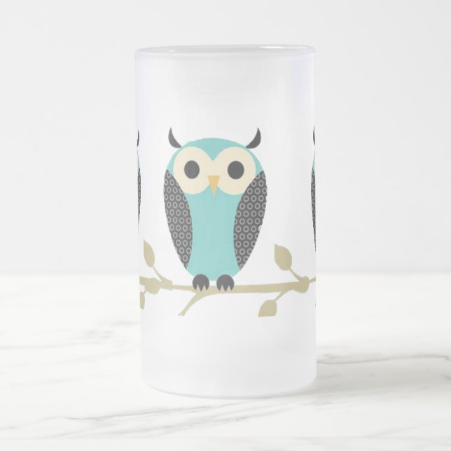 Blue Owls On Limb Frosted Glass Beer Mug (Center)