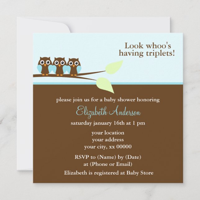 Blue Owls Triplets Baby Shower Invitation (Front)