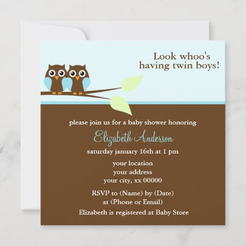 Blue Owls Twins Baby Shower Personalized Announcement